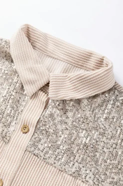 Outlet Dear-Lover Sequin Patch Chest Pocket Corded Shacket Parchment