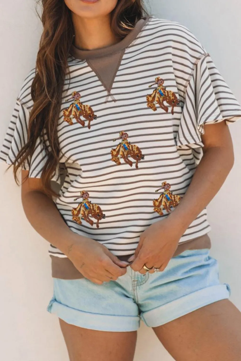 Discount Dear-Lover Sequin Rodeo Patch Pattern Striped Ruffled Sleeve Summer Top Parchment