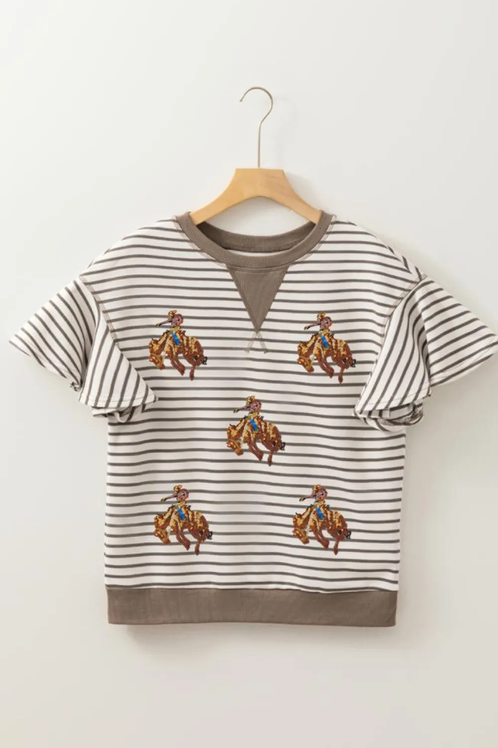 Discount Dear-Lover Sequin Rodeo Patch Pattern Striped Ruffled Sleeve Summer Top Parchment