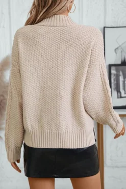 Clearance Dear-Lover Solid Color Cable Knit High Neck Drop Shoulder Sweater Parchment