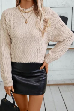 Clearance Dear-Lover Solid Color Cable Knit High Neck Drop Shoulder Sweater Parchment