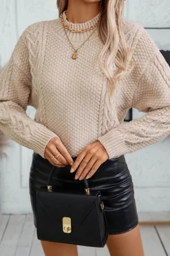 Clearance Dear-Lover Solid Color Cable Knit High Neck Drop Shoulder Sweater Parchment