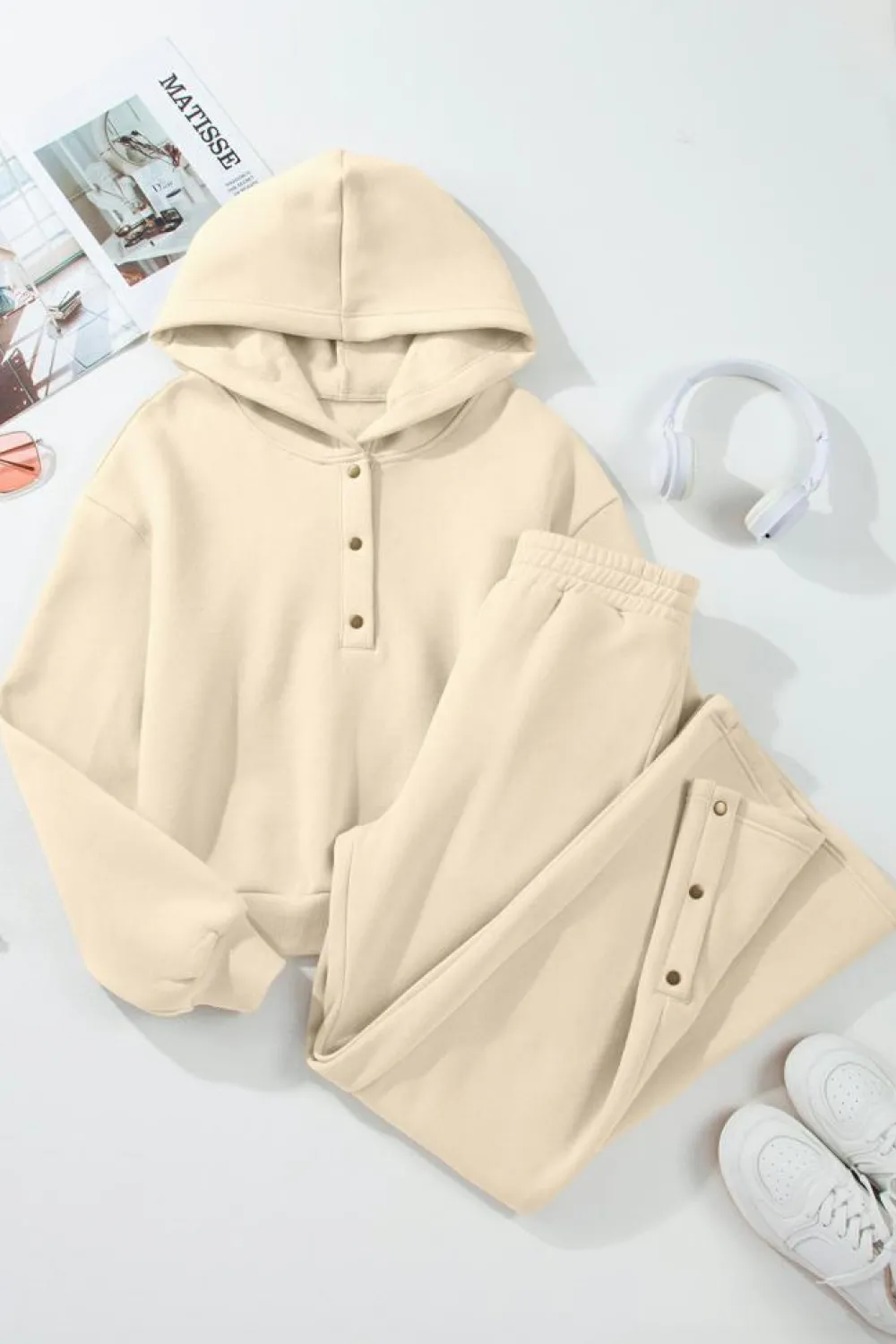Outlet Dear-Lover Solid Color Hoodie and High Waist Pants Two Piece Activewear Parchment