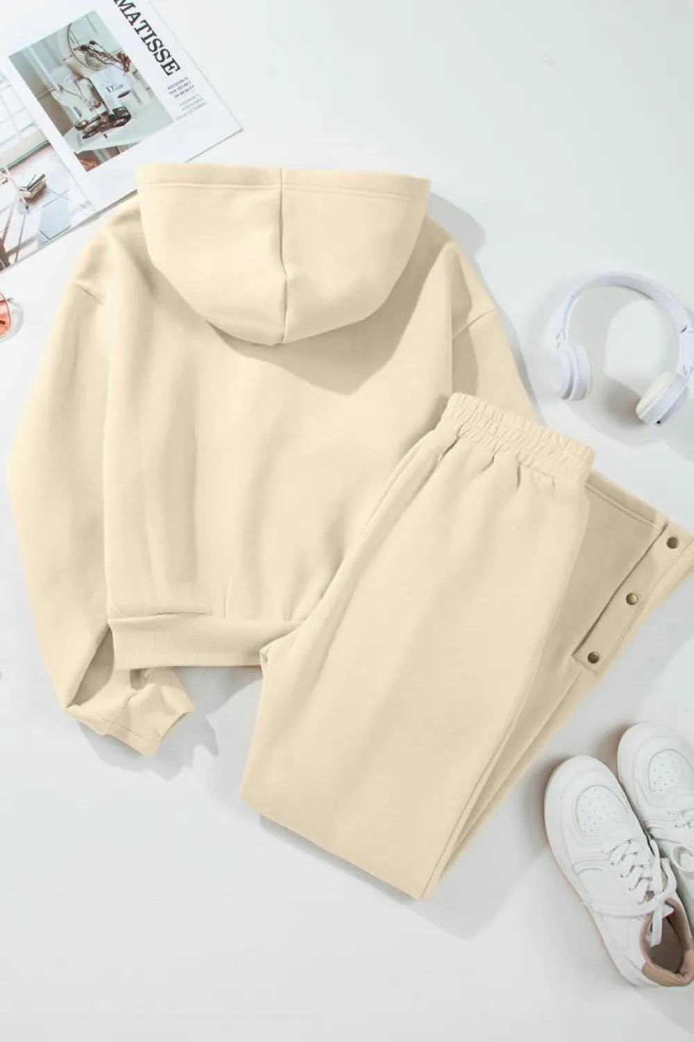Outlet Dear-Lover Solid Color Hoodie and High Waist Pants Two Piece Activewear Parchment