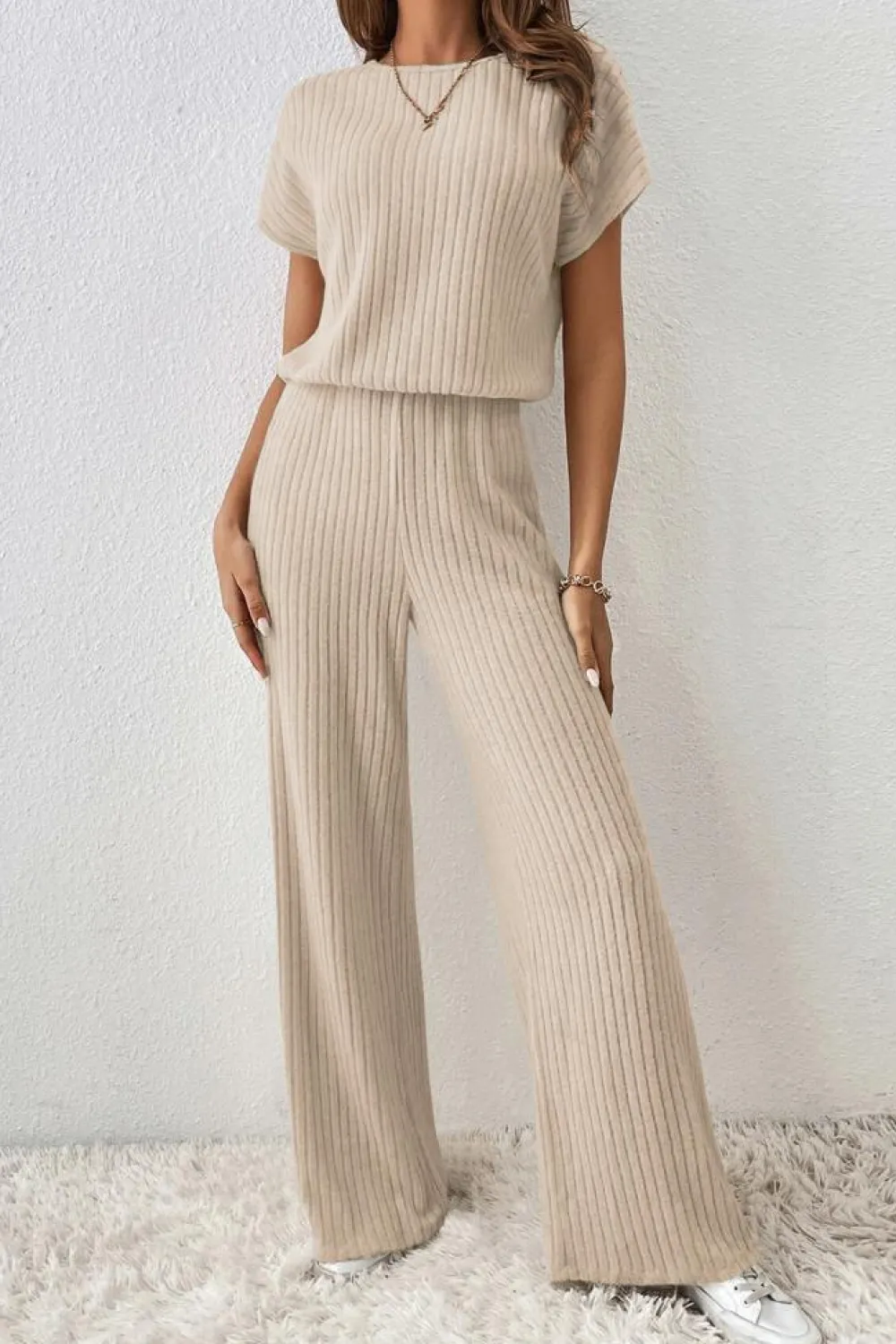 Online Dear-Lover Solid Color Ribbed Short Sleeve Wide Leg Jumpsuit Parchment