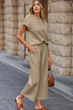 Clearance Dear-Lover Solid Color Textured Short Sleeve Top and Casual Pants Set Parchment