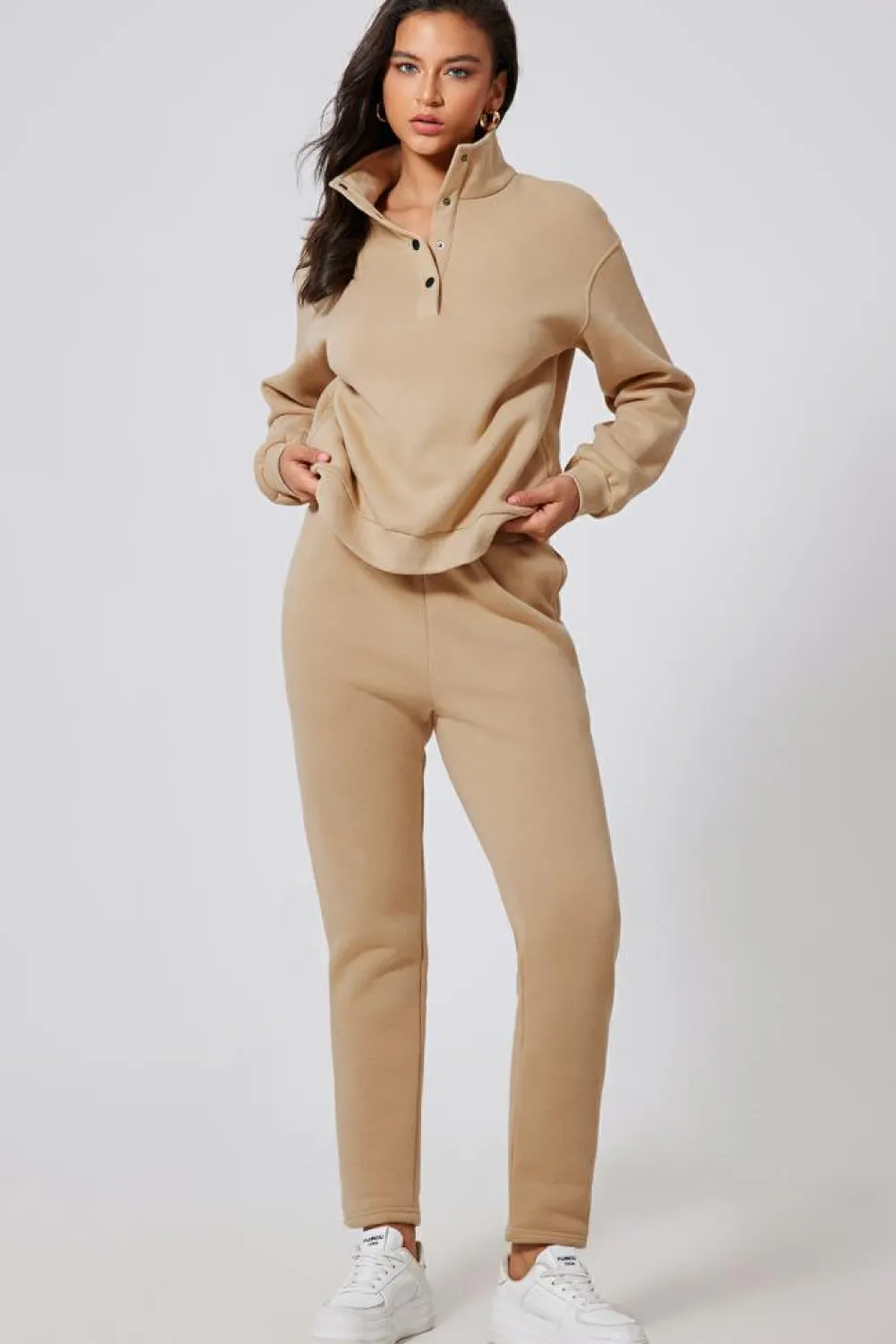 Outlet Dear-Lover Solid Half Button Sweatshirt and High Waist Sweatpants Set Parchment