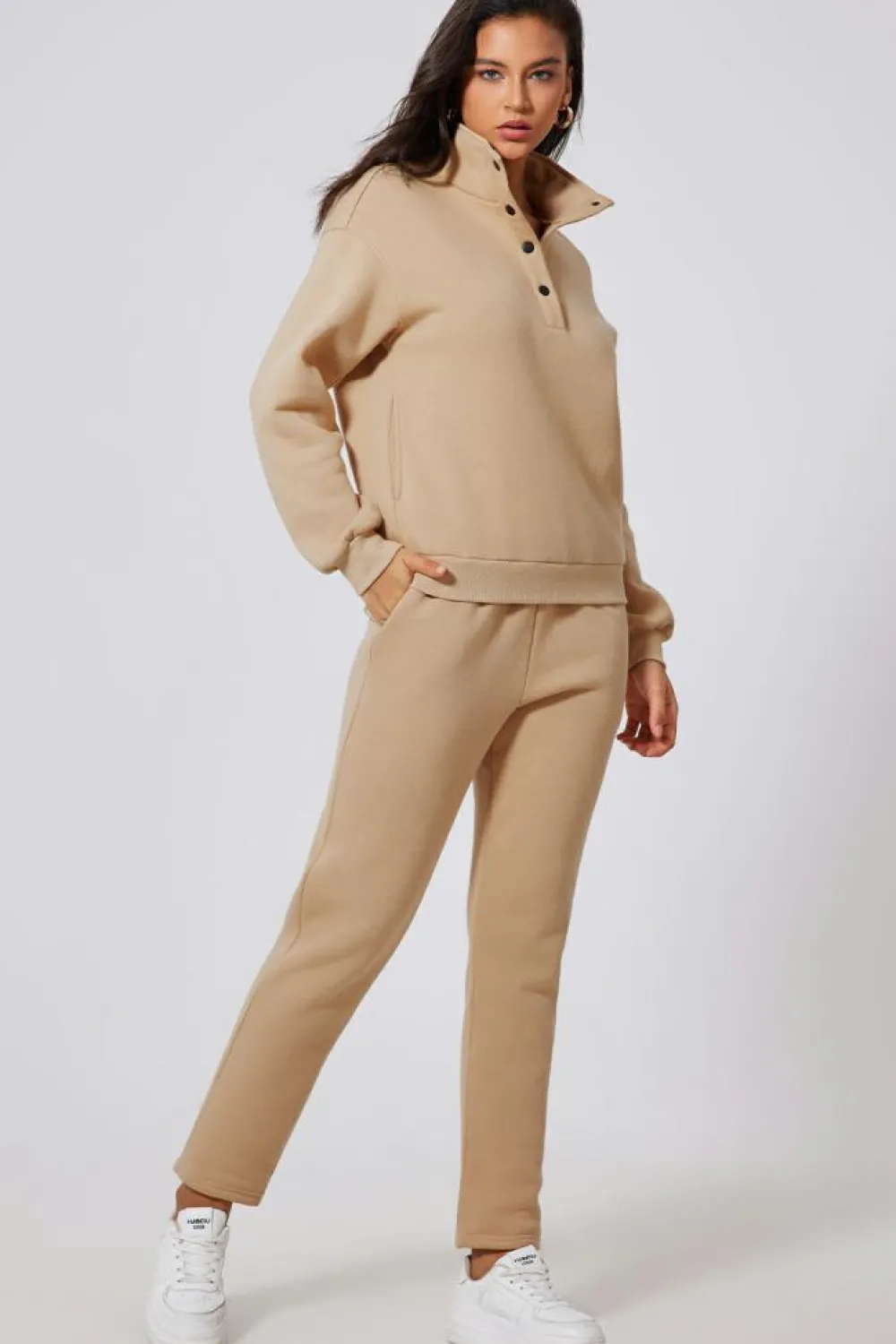 Outlet Dear-Lover Solid Half Button Sweatshirt and High Waist Sweatpants Set Parchment