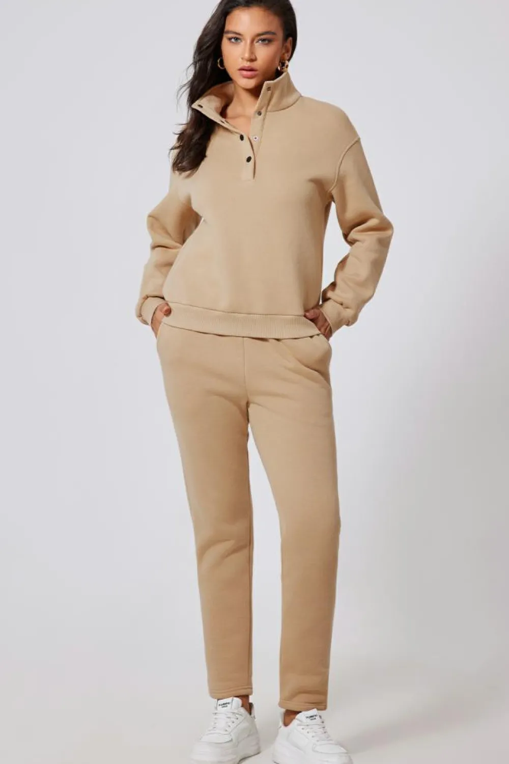 Outlet Dear-Lover Solid Half Button Sweatshirt and High Waist Sweatpants Set Parchment
