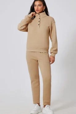 Outlet Dear-Lover Solid Half Button Sweatshirt and High Waist Sweatpants Set Parchment