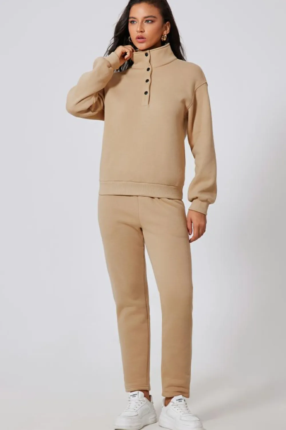 Outlet Dear-Lover Solid Half Button Sweatshirt and High Waist Sweatpants Set Parchment