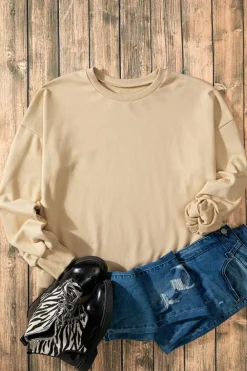 Fashion Dear-Lover Solid O Neck High Low Hem Pullover Sweatshirt Parchment