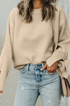 Sale Dear-Lover Solid Textured Knit Split Cuff Drop Shoulder Loose Sweater Parchment