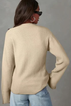 Sale Dear-Lover Solid Textured Knit Split Cuff Drop Shoulder Loose Sweater Parchment