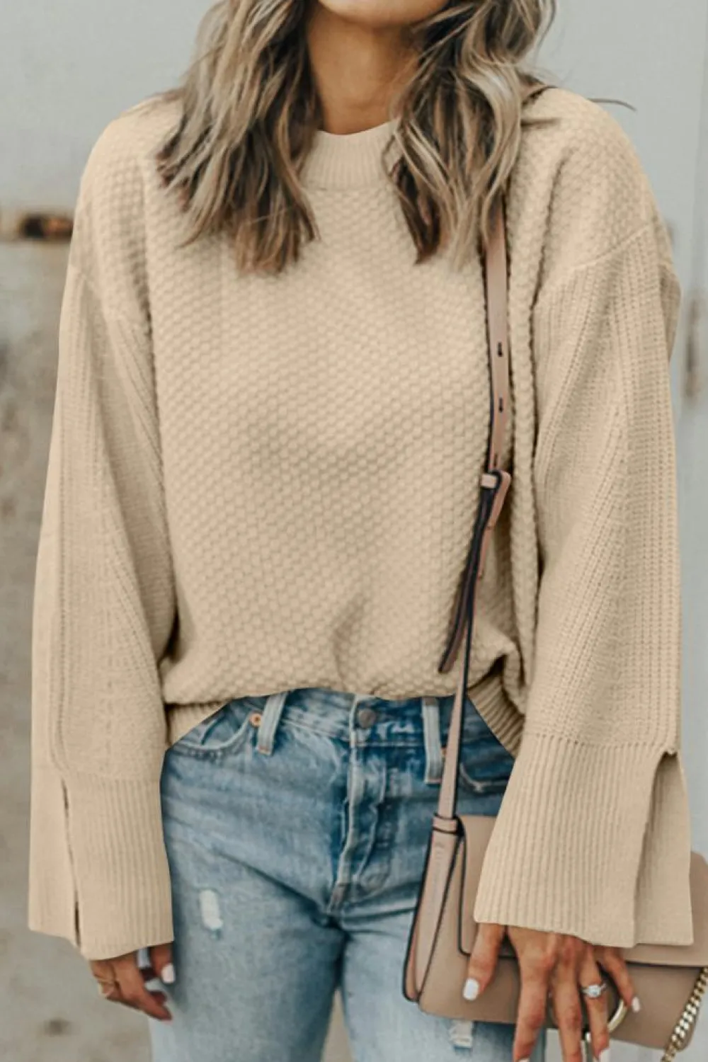 Sale Dear-Lover Solid Textured Knit Split Cuff Drop Shoulder Loose Sweater Parchment