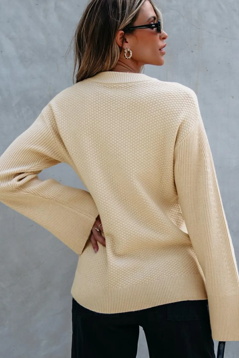 Sale Dear-Lover Solid Textured Knit Split Cuff Drop Shoulder Loose Sweater Parchment