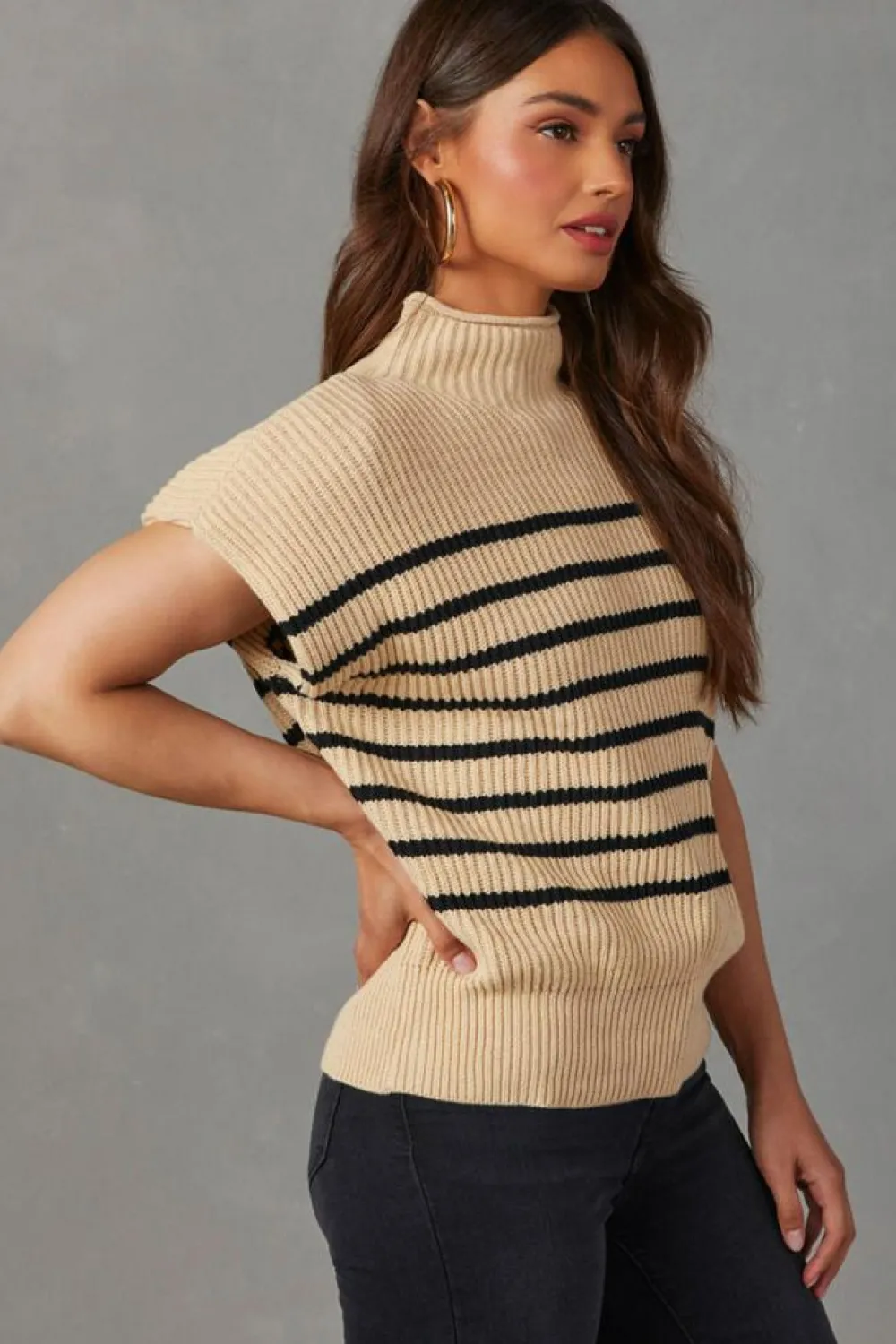 Sale Dear-Lover Striped Ribbed Knit High Neck Sweater Parchment