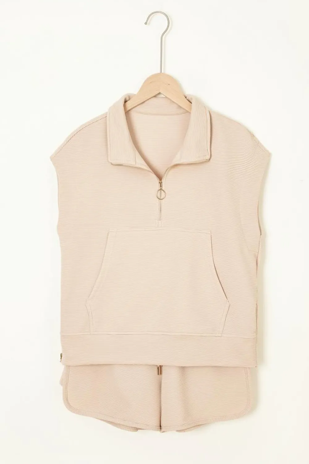 New Dear-Lover Textured Half Zip Kangaroo Pocket Top Drawstring Shorts Set Parchment