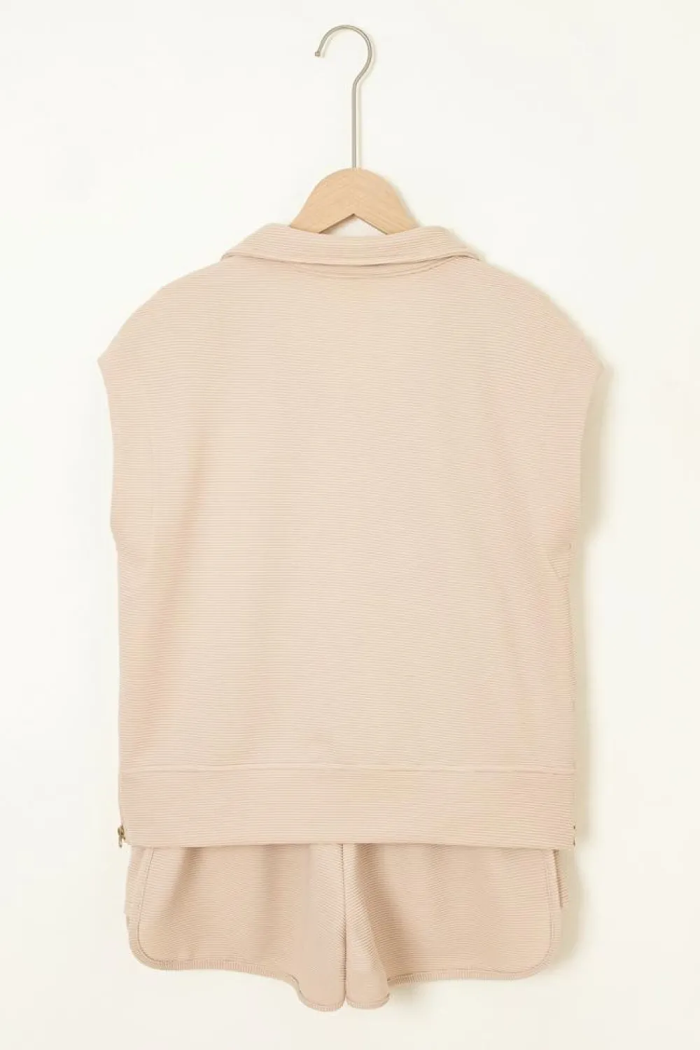 New Dear-Lover Textured Half Zip Kangaroo Pocket Top Drawstring Shorts Set Parchment