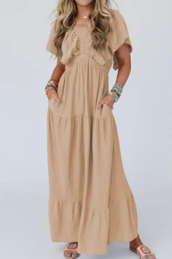 Clearance Dear-Lover Textured V Neck Flutter Sleeve Ruffled Maxi Dress Parchment