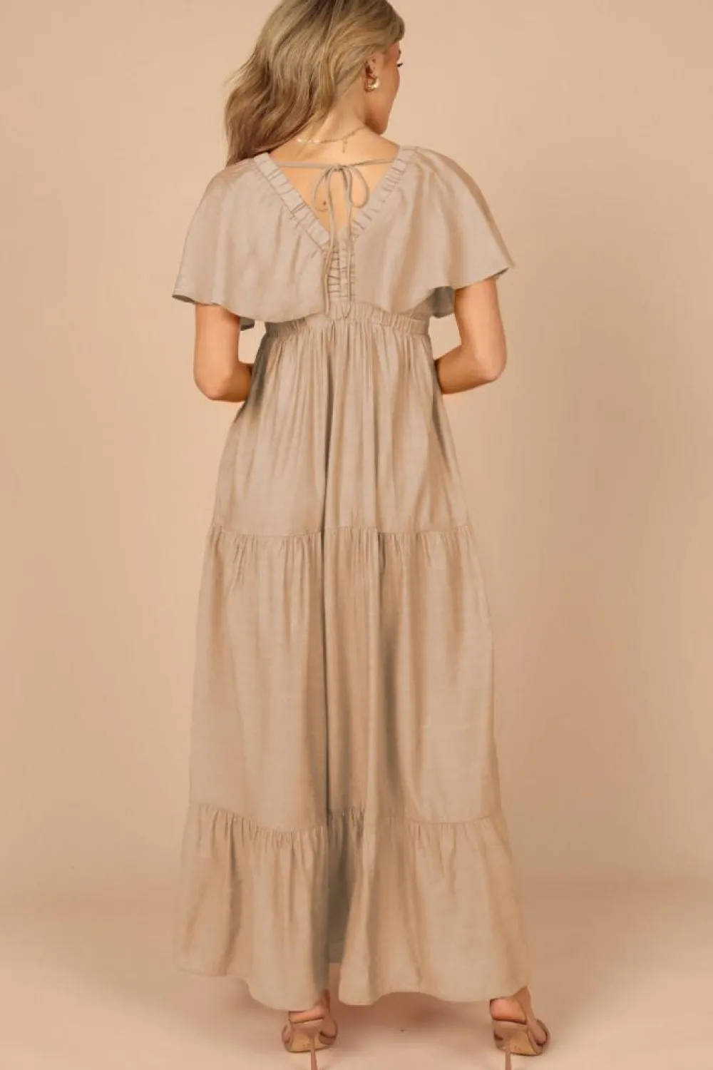 Clearance Dear-Lover Textured V Neck Flutter Sleeve Ruffled Maxi Dress Parchment