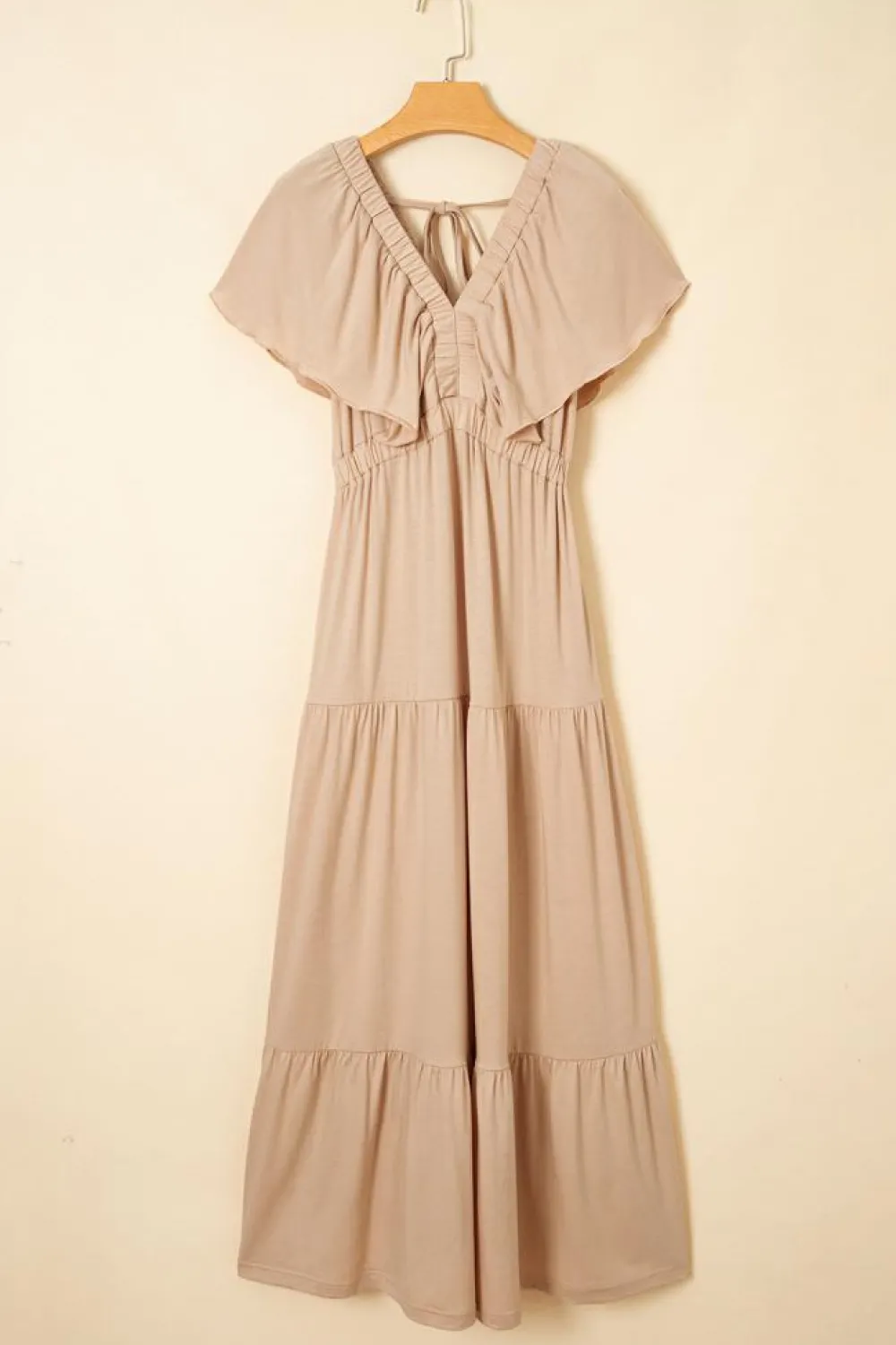 Clearance Dear-Lover Textured V Neck Flutter Sleeve Ruffled Maxi Dress Parchment