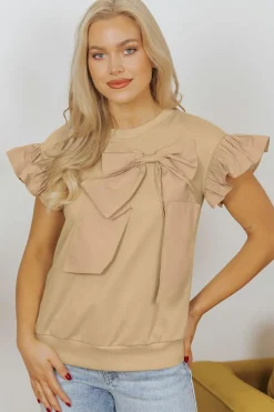 Best Dear-Lover Two Tones Ribbon Bow Ruffle Sleeve Top Parchment
