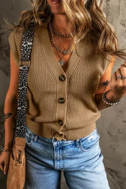 Hot Dear-Lover V Neck Buttoned Front Sweater Vest Parchment