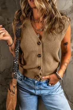 Hot Dear-Lover V Neck Buttoned Front Sweater Vest Parchment