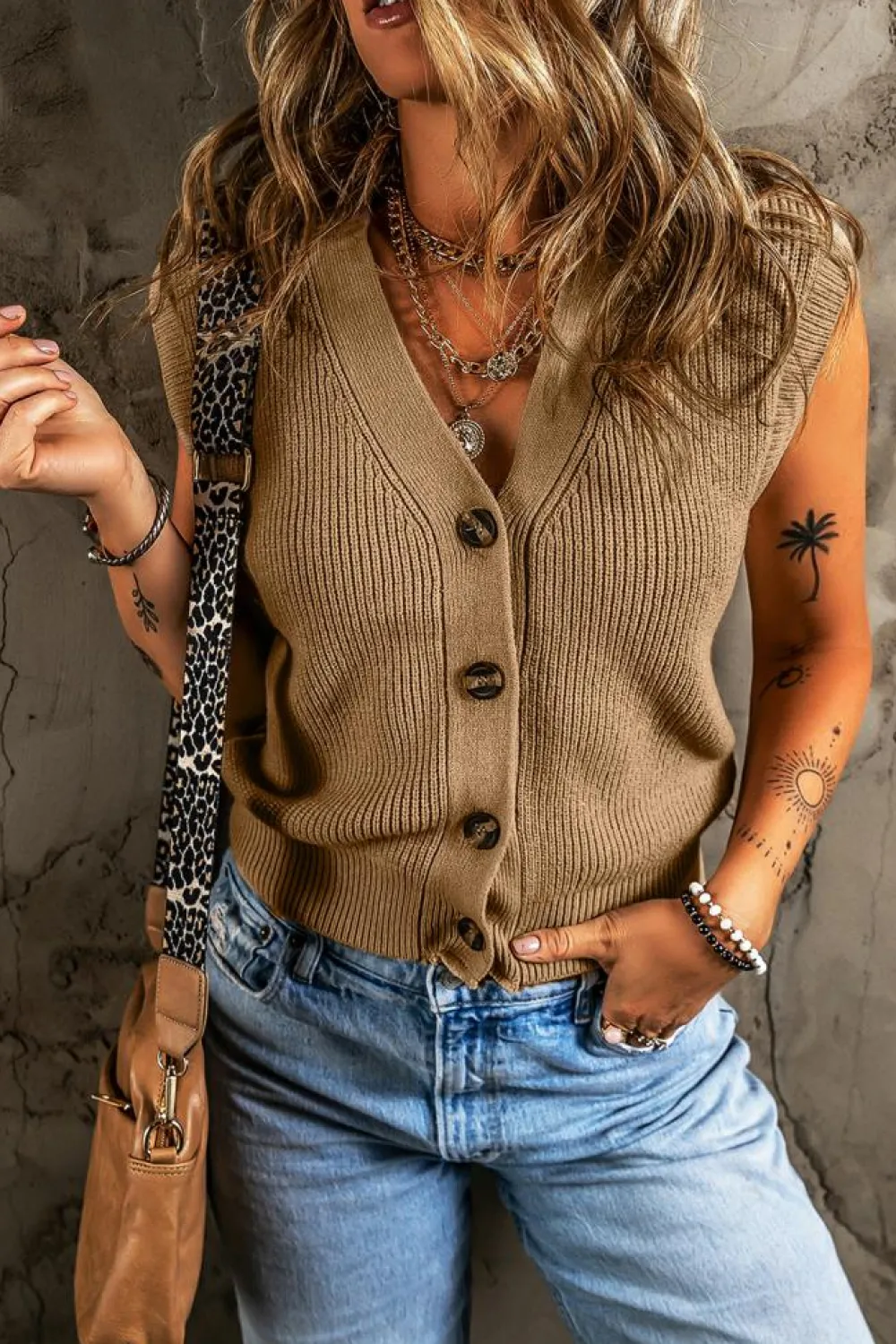 Hot Dear-Lover V Neck Buttoned Front Sweater Vest Parchment