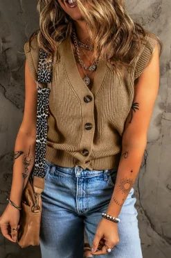Hot Dear-Lover V Neck Buttoned Front Sweater Vest Parchment