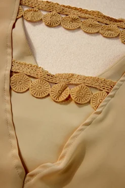 Fashion Dear-Lover V Neck Ruffle Sleeve Lace Embellished Hollow Back Blouse Parchment