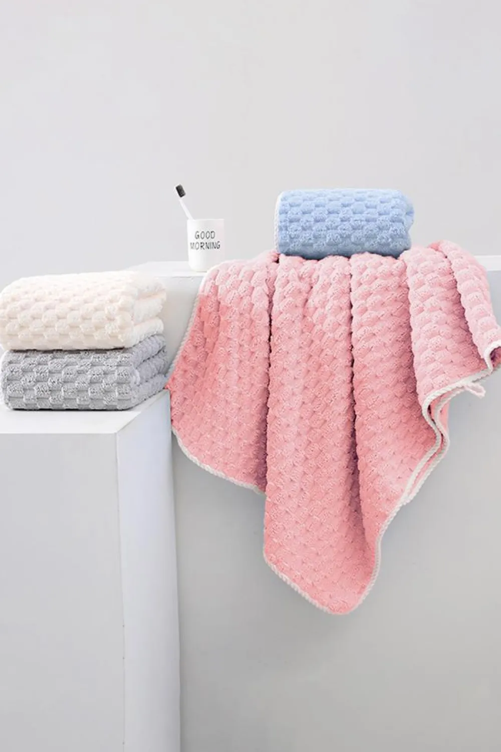 Online Dear-Lover Checkered Textured Thick Soft Bath Towel Peach Blossom