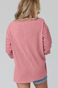 Clearance Dear-Lover Colorblock Striped Bishop Sleeve Top Peach Blossom