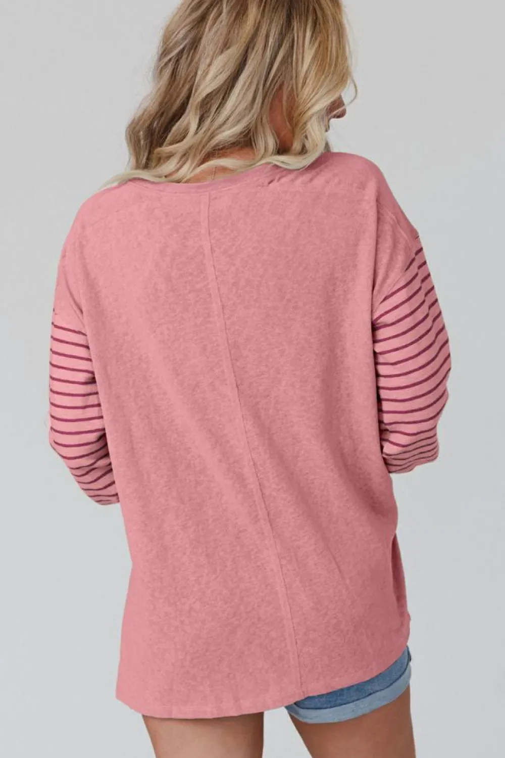 Clearance Dear-Lover Colorblock Striped Bishop Sleeve Top Peach Blossom