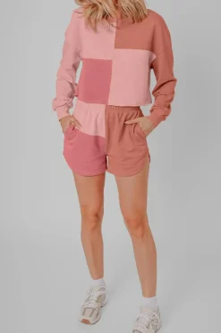 Online Dear-Lover Colorblock Patchwork Long Sleeve Shorts Outfit Peach Blossom