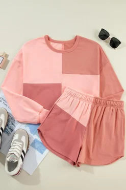 Online Dear-Lover Colorblock Patchwork Long Sleeve Shorts Outfit Peach Blossom