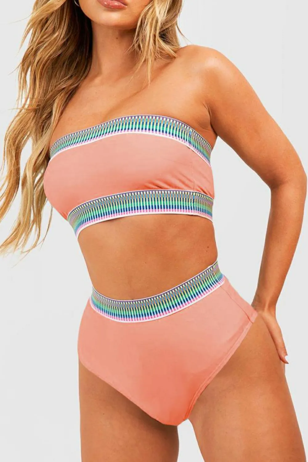 Discount Dear-Lover Contrast Banding Tube Bikini High Waist 2pcs Swimsuit Peach Blossom