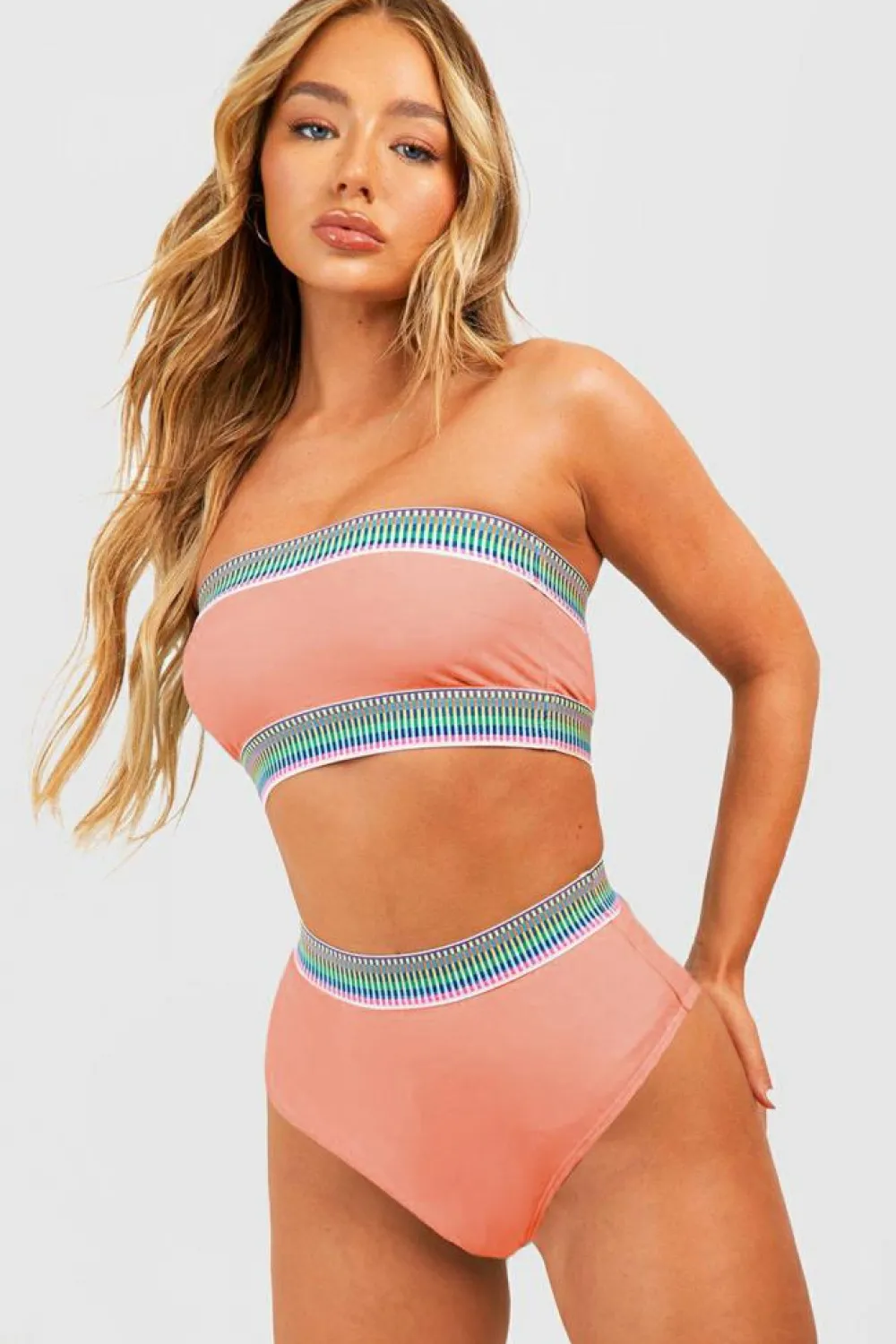 Discount Dear-Lover Contrast Banding Tube Bikini High Waist 2pcs Swimsuit Peach Blossom