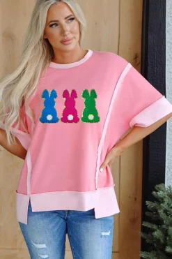 Best Dear-Lover Contrast Patchwork Detail Chenille Bunny Patched Easter Graphic Tee Peach Blossom