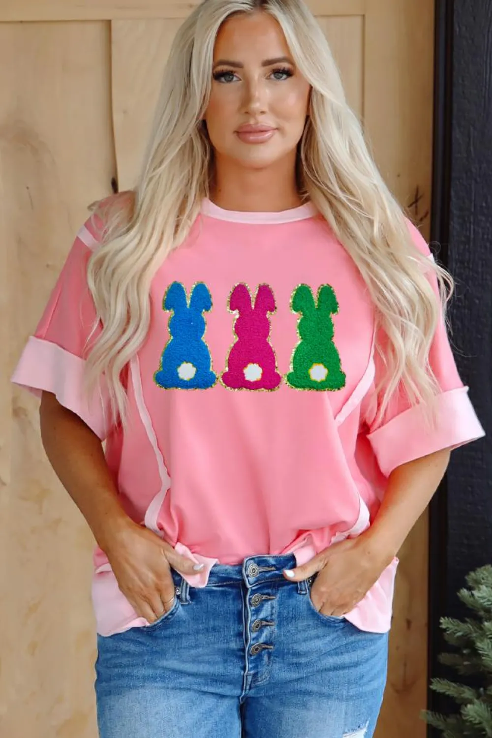 Best Dear-Lover Contrast Patchwork Detail Chenille Bunny Patched Easter Graphic Tee Peach Blossom