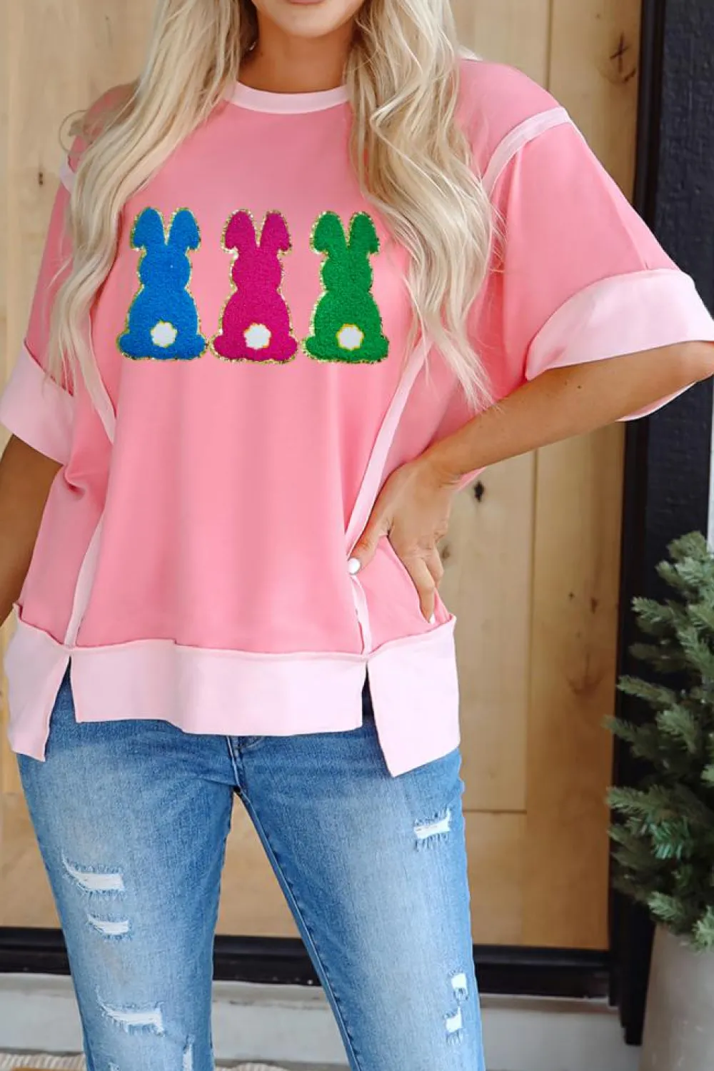 Best Dear-Lover Contrast Patchwork Detail Chenille Bunny Patched Easter Graphic Tee Peach Blossom