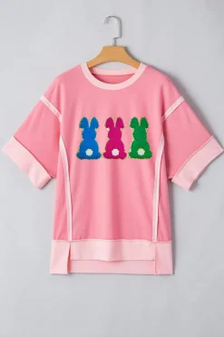 Best Dear-Lover Contrast Patchwork Detail Chenille Bunny Patched Easter Graphic Tee Peach Blossom