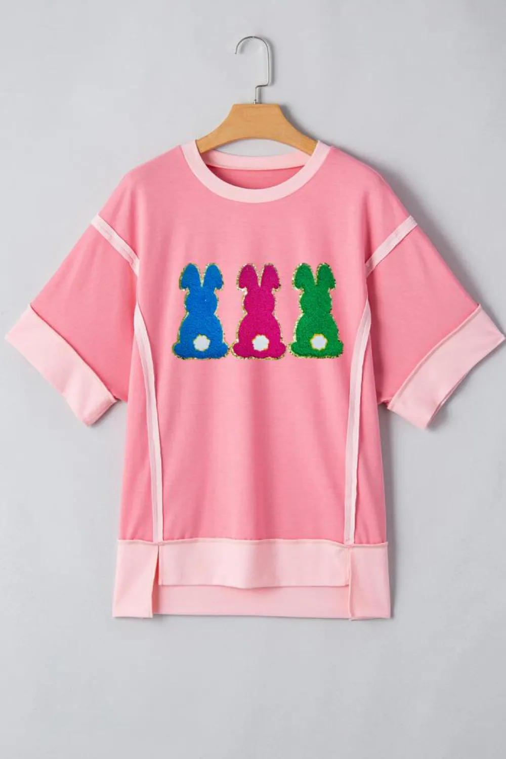Best Dear-Lover Contrast Patchwork Detail Chenille Bunny Patched Easter Graphic Tee Peach Blossom