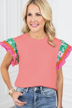 Online Dear-Lover Contrast Ricrac Floral Sleeve Top Peach Blossom