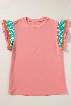 Online Dear-Lover Contrast Ricrac Floral Sleeve Top Peach Blossom