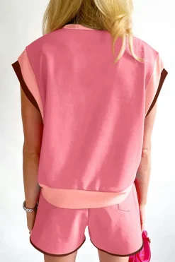 New Dear-Lover Contrast Trim Cap Sleeve Tee Shorts Set Peach Blossom