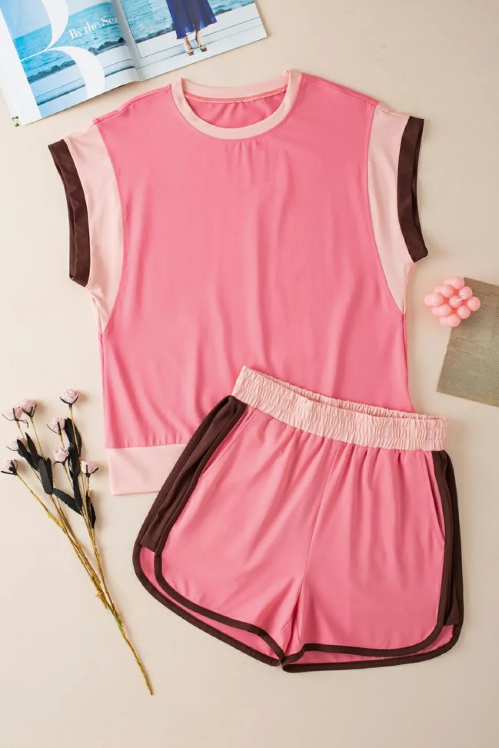 New Dear-Lover Contrast Trim Cap Sleeve Tee Shorts Set Peach Blossom