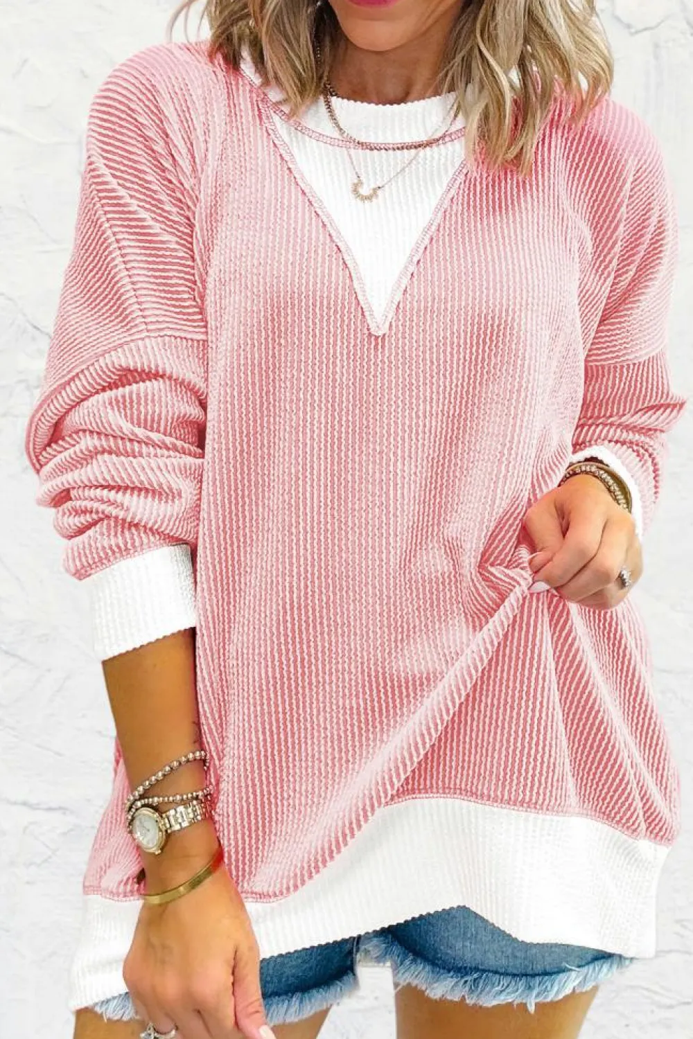 Clearance Dear-Lover Corded Colorblock Drop Shoulder Loose Top Peach Blossom