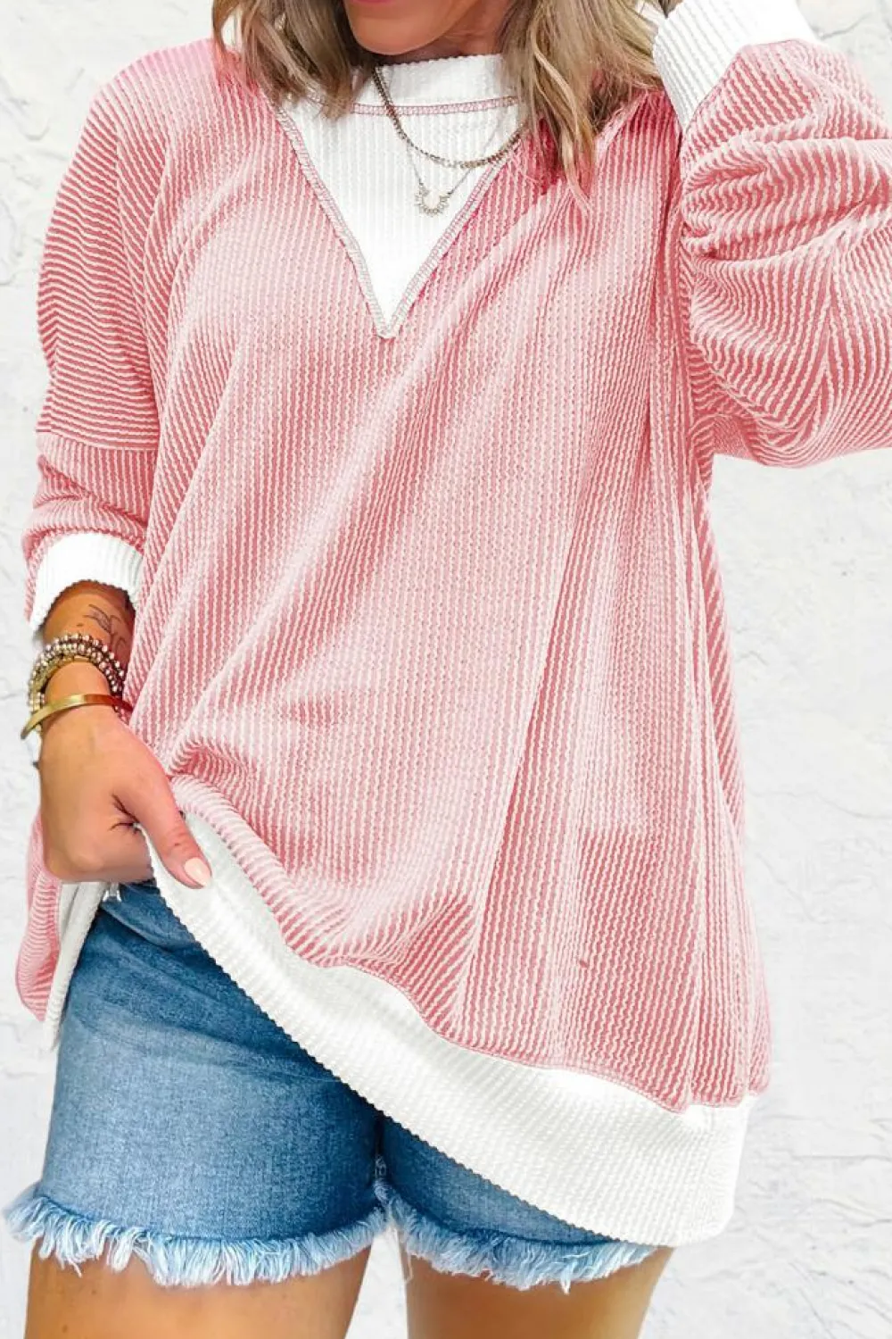 Clearance Dear-Lover Corded Colorblock Drop Shoulder Loose Top Peach Blossom